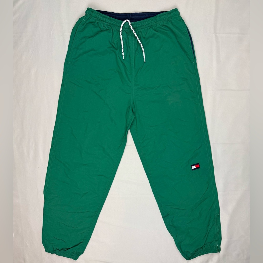 Vtg Tommy Hilfiger Mens Nylon Pants Sz Medium Y2K Green Baggy Loose Fit C6